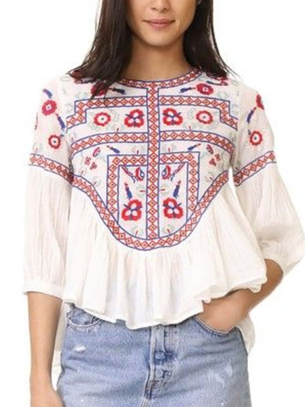 ANTIK BATIK Raji Embroidered Cotton Peasant Blouse Size XS